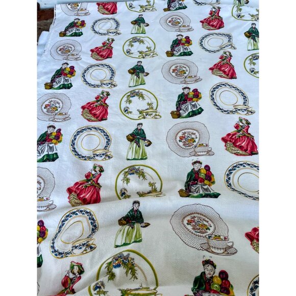 Vintage 1950s Royal Doulton Barkcloth Fabric Teacups Figurines 34" w 5+ Yards - Picture 1 of 16